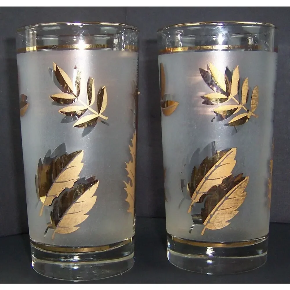 Vintage Libbey Golden Foliage Frosted Highball Glasses Gold Leaf MCM Set of 2